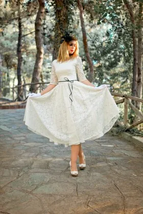 half sleeve lace tea length country wedding dress