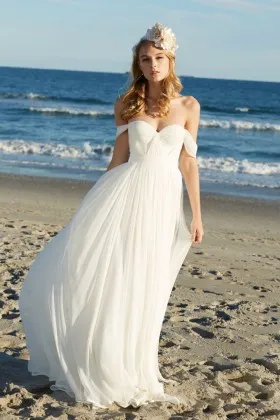 off the shoulder ivory chiffon A line long beach wedding dress