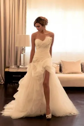 Asymmetrical draped ruffled ivory organza split long fashion wedding gown