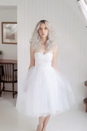 White short satin and tulle strapless sweetheart bridal dress