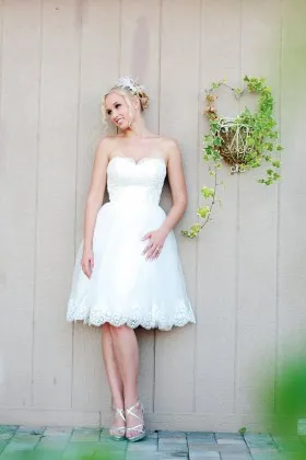 Strapless semi sweetheart ivory lace and tulle short bridal dress