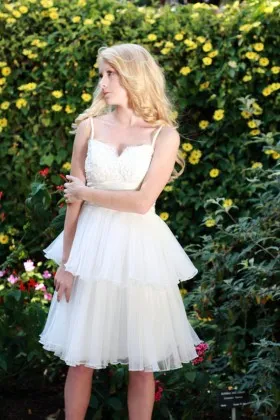 Two tiered ruched tulle and lace short lace up cute wedding dress