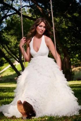 jersey and tulle tiered ruffled halter plunging neckline whimsical wedding dress