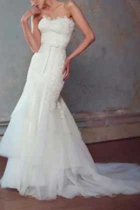 Modern ivory lace and tulle layered mermaid tail strapless wedding dress