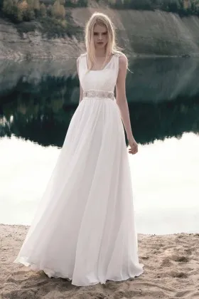 Beaded wide straps and sash ivory chiffon A line long destination wedding dress