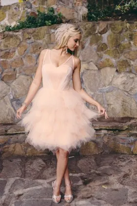 Peach tulle tiered short engagement dress with lace up back