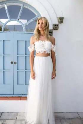 White lace and tulle two piece short sleeve informal wedding dress