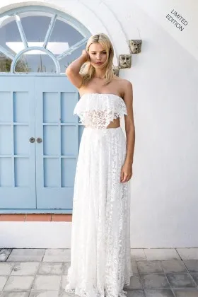 Fashion two piece white lace column long wedding dress
