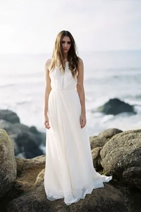 Ivory chiffon beaded jewel neckline backless beach long wedding dress