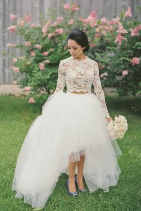 Lace and tulle two piece long sleeve high low puffy rustic wedding dress