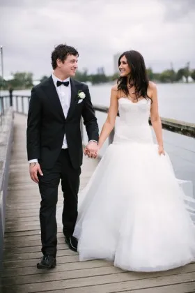 Modern white lace and tulle drop waist ballgown wedding dress