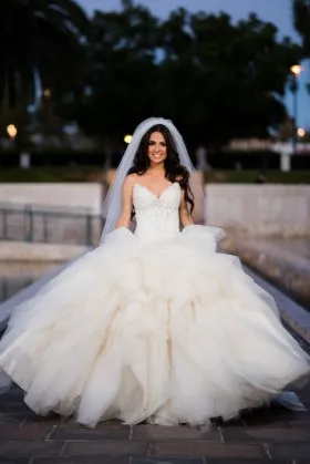 Luxury beaded ivory lace and tulle jagged V neck ballgown wedding dress