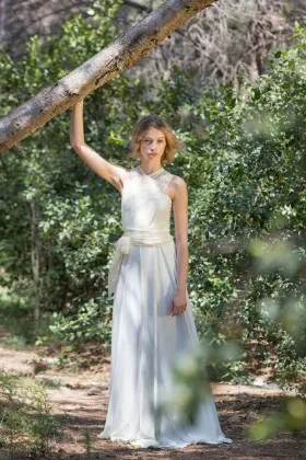 Criss cross illusion lace straps A line long chiffon country wedding dress