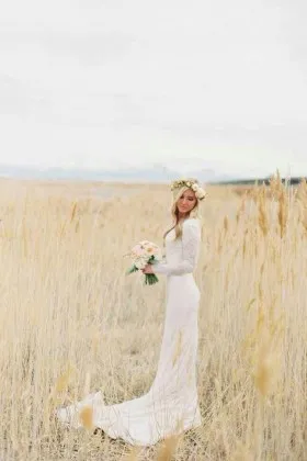 Vintage inspired scalloped white lace long sleeve modified A line wedding dress