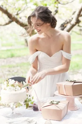 ethereal chiffon sweetheart off the shoulder A line long wedding dress