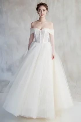 Romantic illusion lace and tulle off the shoulder ball gown wedding dress