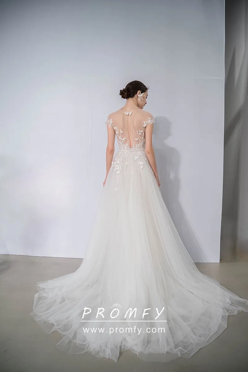 Ethereal Sleeve Lace Applique Tulle A-line Wedding Dress - Promfy