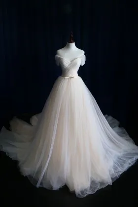 Light champagne tulle sweetheart off the shoulder ball gown wedding dress