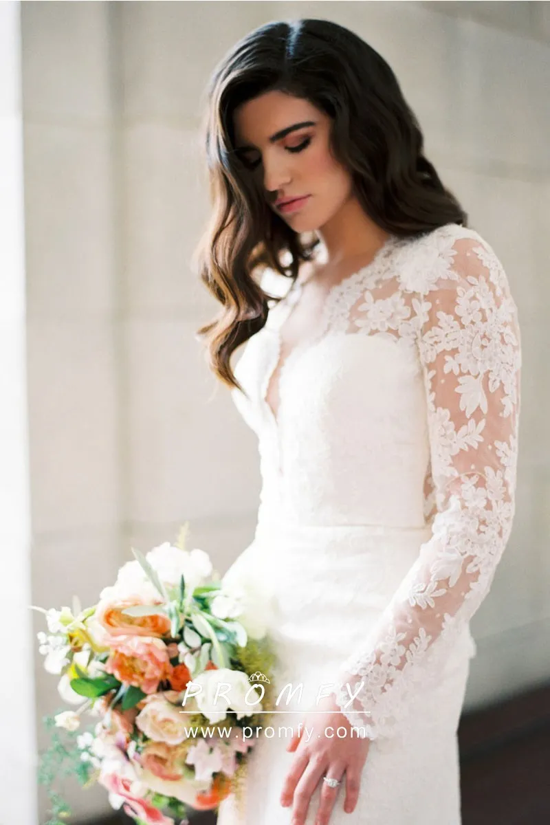 Vintage inspired romantic modest scalloped ivory lace wedding dress