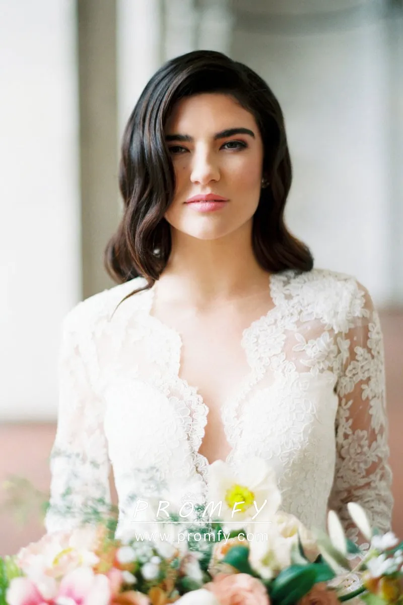 Vintage inspired scalloped ivory lace wedding dress