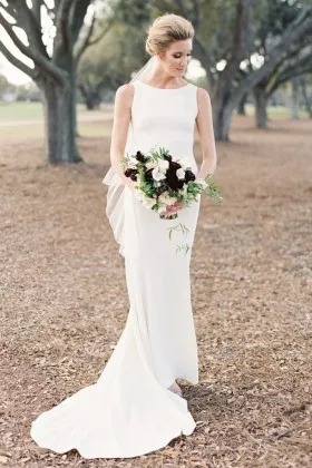 Bateau neckline sleeveless ivory satin slim mermaid wedding dress with court train