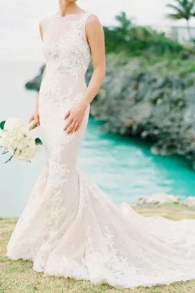 Light champagne tulle with lace illusion elegant mermaid wedding dress