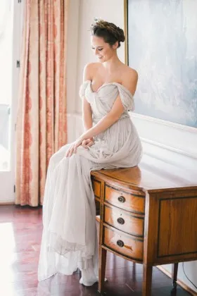 gray chiffon off the shoulder ethereal informal long bridal dress