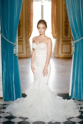 Modern unique ivory lace and tulle mermaid wedding dress with chapel train