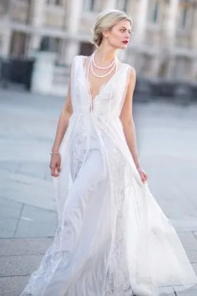 White lace and tulle overlay scalloped plunging neckline unique wedding dress