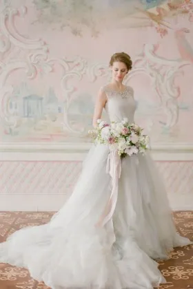Beaded smoky grey tulle modern wedding dress with cathedral train