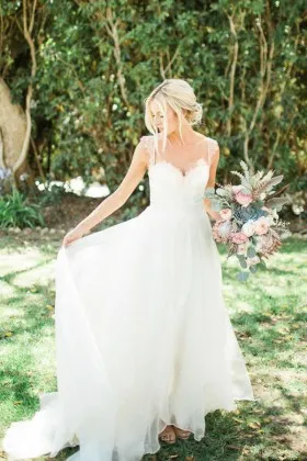 Ivory lace and organza spring outdoor A line long wedding dress sweetheart cap sleeves