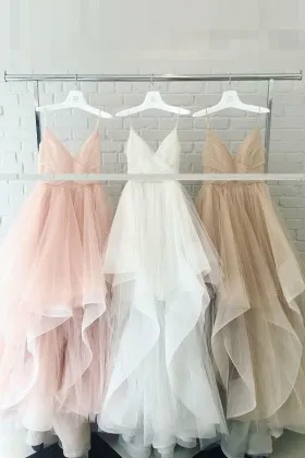 Blushing pink ivory brown flounced tulle designer bridal ball gown