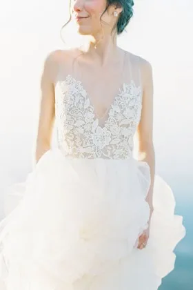 Romantic floral lace with tulle plunging V neckline ivory wedding dress