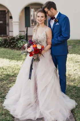 Rhinestones bodice with asymmetrical tiered champagne tulle unique wedding ball gown
