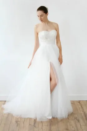 White lace and satin with tulle overlay sweetheart split wedding dress