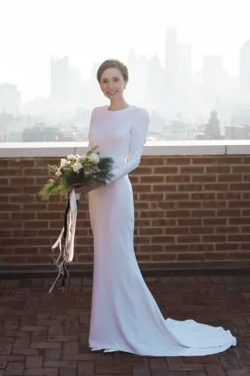 Graceful white satin long sleeve jewel neckline mermaid long wedding dress