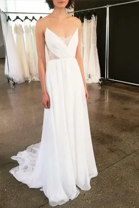 Flirty white lace and chiffon V neck with spaghetti straps ethereal wedding dress