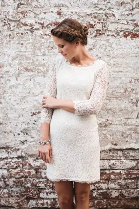 Scalloped edge ivory lace short bridal shower dress with 34 sleeves