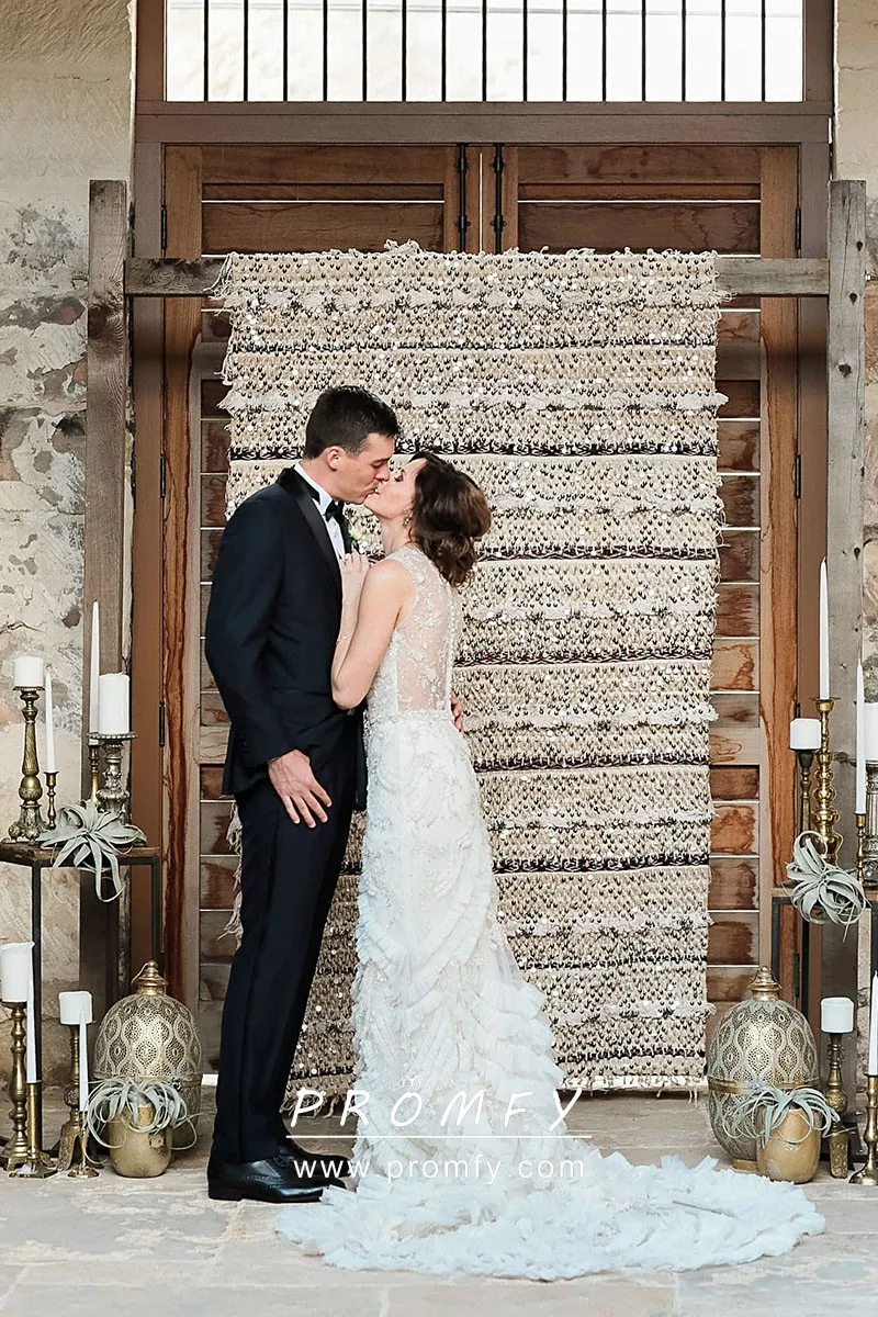 Luxurious Long Ivory Off-the-shoulder Lace Beading Long Sleeves Wedding Dress With Train