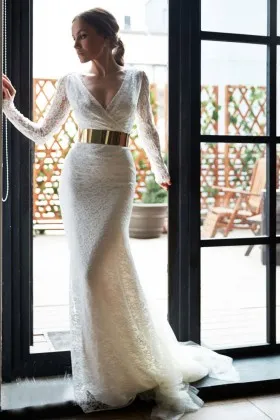 Elegant ivory lace V neck long sleeve mermaid formal wedding dress