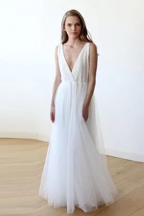 Glistening sexy plunging V neck white tulle A line long wedding dress