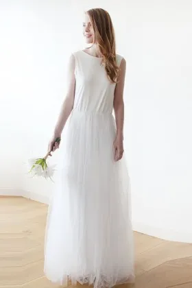 Romantic white jersey and tulle natural waist sleeveless A line wedding dress