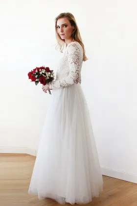 60s inspired vintage lace and tulle scalloped V neck long sleeve wedding dress