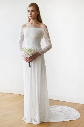 Delicate white off the shoulder lace long sleeve column wedding dress with court train