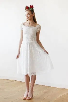 Scalloped scoop neckline short sleeve short A line bridal dress