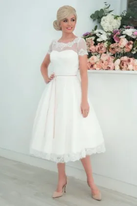 Illusion lace and mesh covered 1950s inspired vintage tea length A line wedding dress