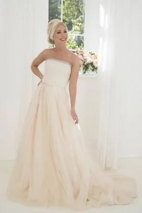 strapless beaded straight neckline nude tulle floor length princess wedding dress