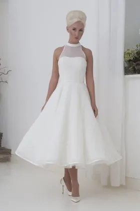 1960s inspired vintage ivory chiffon halter tea length wedding ball gown