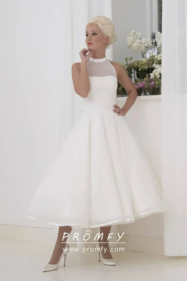 1960s inspired vintage ivory chiffon tea length wedding ball gown