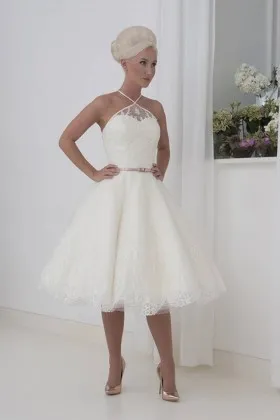 Cute knee length short lace wedding dress with spaghetti straps halter neckline